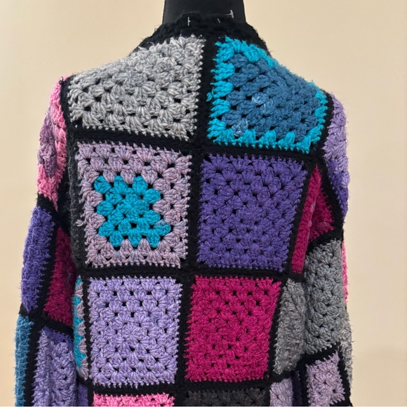 Handmade Granny Square Bell Sleeve Cardigan Vibrant Pink Purple & Blue Size L XL - Picture 7 of 8